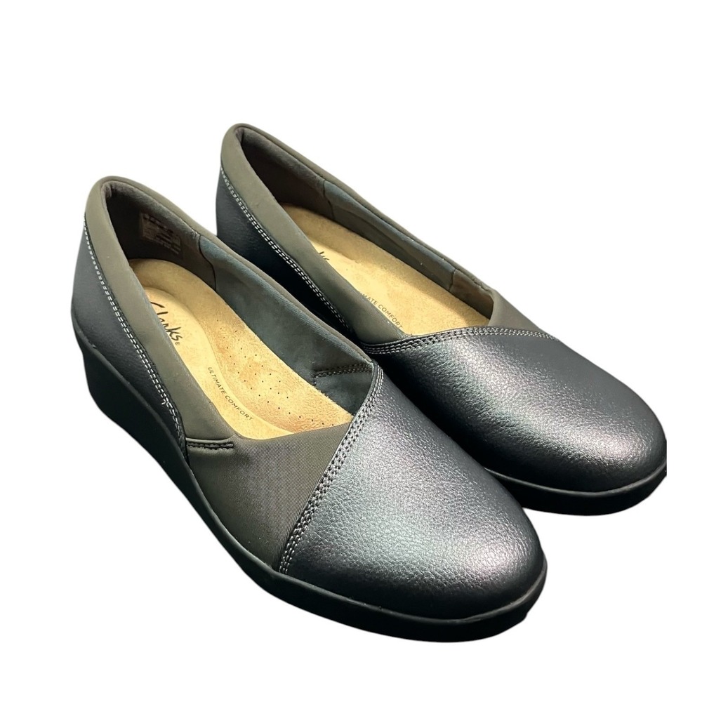 Clarks Collection Suttyn Walk Dark‎ Pewter Metallic Wedge Shoes Womens 8.5 M